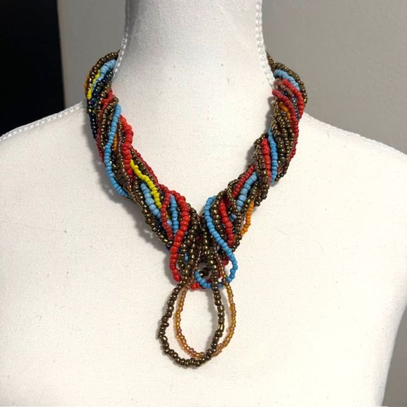 Multi Strand Seed Beads Necklace Multicolored Cascade Ethnic Boho Necklace - Picture 2 of 9